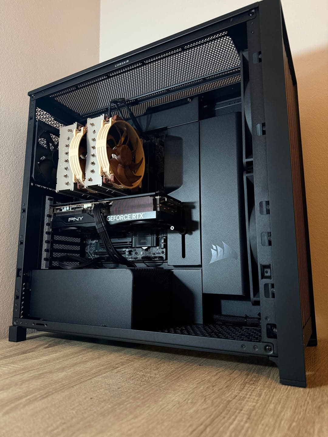Black client PC with a walnut-front airflow case and large air cooler