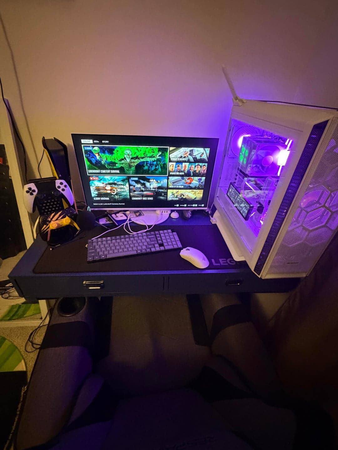 Overhead view of the completed white PC desk setup